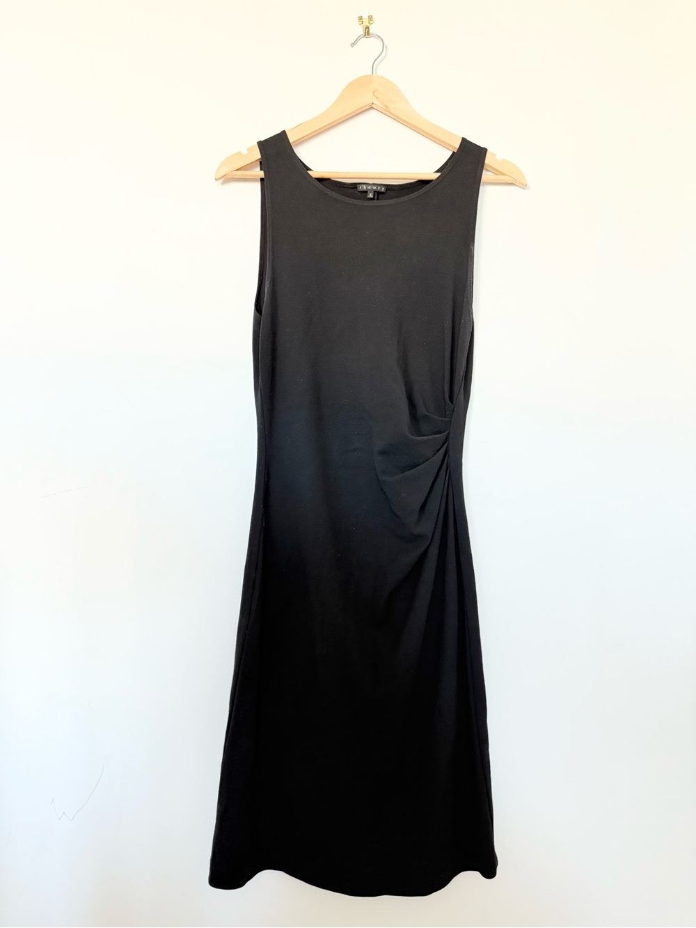 Theory Black Wool Viscose Jersey Sleeveless Ruched Waist Midi Dress - US 6 - Picture 2 of 4